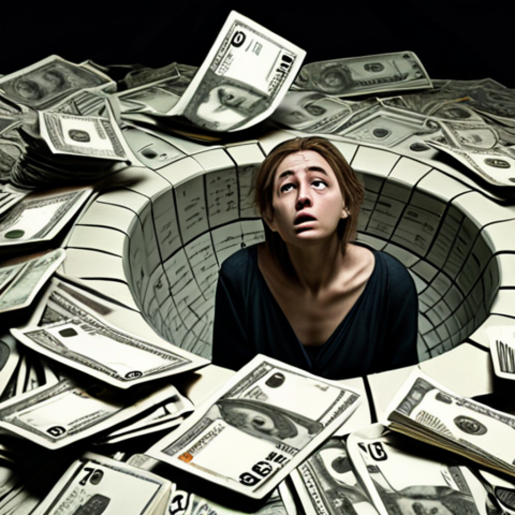**Prompt 1: The Debt Spiral**
    A lone figure, visibly distressed, is submerged in a swirling vortex of crumpled Russian currency, credit cards, loan documents, and debt notices. Their face shows despair and fear, reflecting the crushing weight of gambling addiction turning into a financial black hole, pulling them down. The background is dark and chaotic, hinting at a lost future. High detail, cinematic, dramatic lighting.