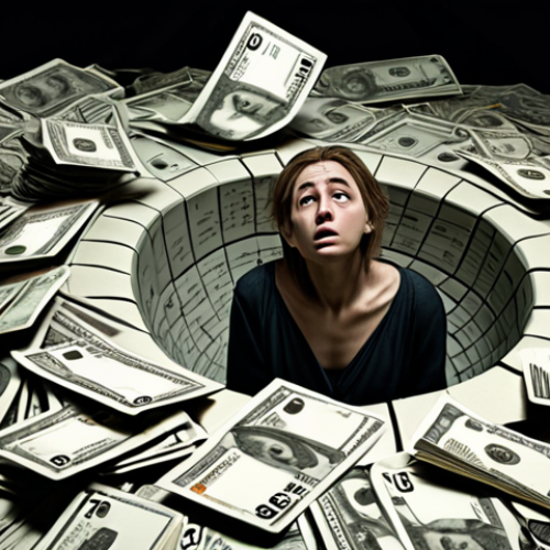 Home 20 **Prompt 1: The Debt Spiral**
A lone figure, visibly distressed, is submerged in a swirling vortex of crumpled Russian currency, credit cards, loan documents, and debt notices. Their face shows despair and fear, reflecting the crushing weight of gambling addiction turning into a financial black hole, pulling them down. The background is dark and chaotic, hinting at a lost future. High detail, cinematic, dramatic lighting.