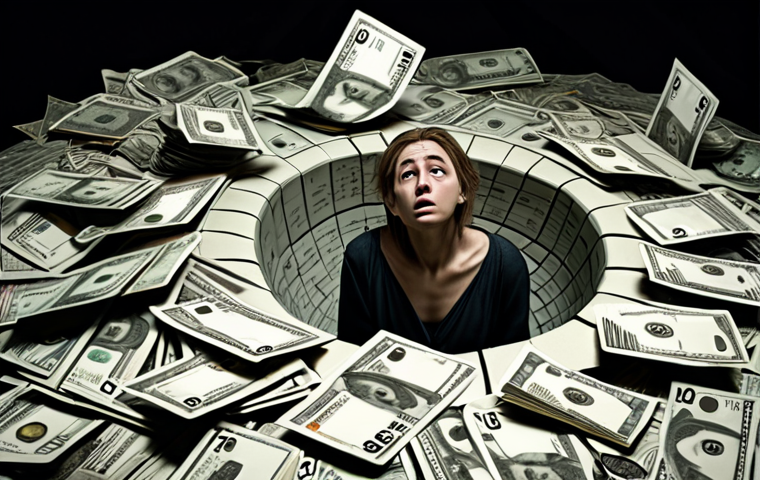 **Prompt 1: The Debt Spiral**
A lone figure, visibly distressed, is submerged in a swirling vortex of crumpled Russian currency, credit cards, loan documents, and debt notices. Their face shows despair and fear, reflecting the crushing weight of gambling addiction turning into a financial black hole, pulling them down. The background is dark and chaotic, hinting at a lost future. High detail, cinematic, dramatic lighting.