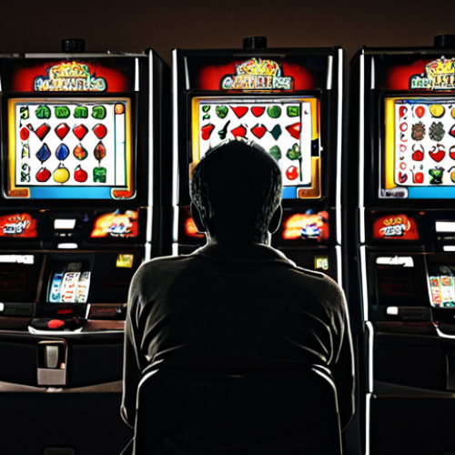 Home 19 **
"A person sitting alone in a dimly lit room, illuminated only by the glow of a slot machine screen. Their face is etched with anxiety and desperation, stacks of unpaid bills are scattered around them. Emphasize the feeling of isolation and financial ruin. Dark, desaturated colors."
**