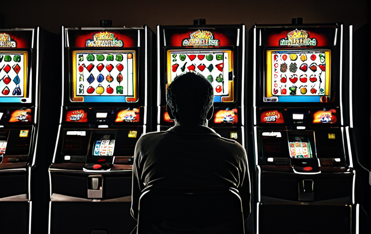 **
"A person sitting alone in a dimly lit room, illuminated only by the glow of a slot machine screen. Their face is etched with anxiety and desperation, stacks of unpaid bills are scattered around them. Emphasize the feeling of isolation and financial ruin. Dark, desaturated colors."
**