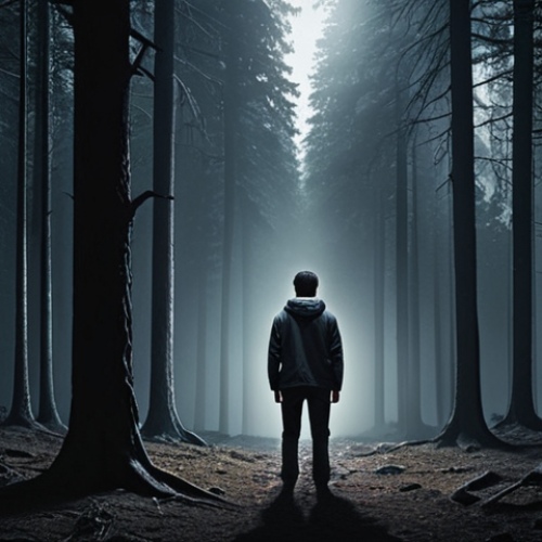 Home 9 **
A person standing at the edge of a dark, ominous forest, symbolizing the struggle with alcohol addiction. A faint light shines in the distance, representing hope and recovery. Add elements of modern technology subtly hinting at AI's role in addiction treatment. Focus on the individual's determined expression and the contrast between darkness and light.
**