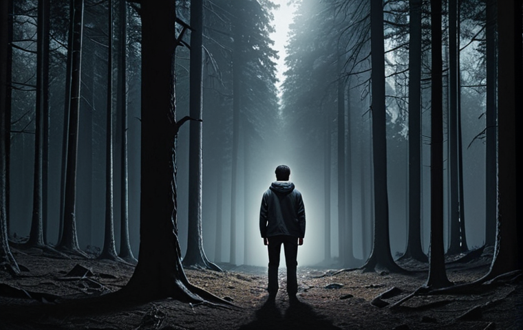 **
A person standing at the edge of a dark, ominous forest, symbolizing the struggle with alcohol addiction. A faint light shines in the distance, representing hope and recovery. Add elements of modern technology subtly hinting at AI's role in addiction treatment. Focus on the individual's determined expression and the contrast between darkness and light.
**