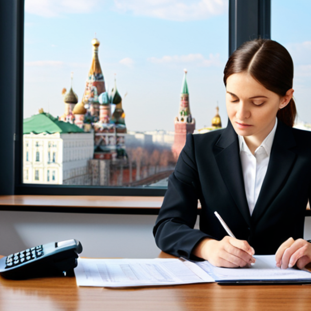 Professional Woman Managing Finances**

"A professional businesswoman, fully clothed in a modest dark business suit and sensible shoes, is sitting at a clean wooden desk in a bright, modern office. She is reviewing documents and using a calculator.  The office background includes a window overlooking a bustling Moscow city street during the day. Natural pose, perfect anatomy, correct proportions, well-formed hands, proper finger count. Safe for work, appropriate content, family-friendly, professional photography, high quality."

**