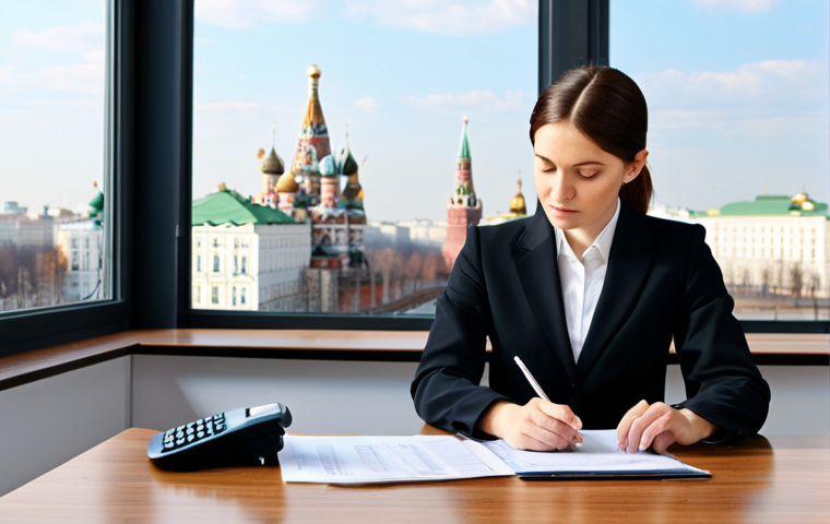 Professional Woman Managing Finances**
"A professional businesswoman, fully clothed in a modest dark business suit and sensible shoes, is sitting at a clean wooden desk in a bright, modern office. She is reviewing documents and using a calculator. The office background includes a window overlooking a bustling Moscow city street during the day. Natural pose, perfect anatomy, correct proportions, well-formed hands, proper finger count. Safe for work, appropriate content, family-friendly, professional photography, high quality."
**