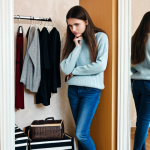 **

A woman standing in front of a mirror, surrounded by shopping bags and clothes, looking thoughtful. She's wearing comfortable, casual clothes, like jeans and a sweater. The room is a typical Russian apartment, clean and tidy but a little cluttered with purchases. Caption: "Recognizing the enemy in the mirror: Realizing my shopping addiction." Safe for work, appropriate content, fully clothed, modest, professional quality, perfect anatomy, natural proportions.

**
