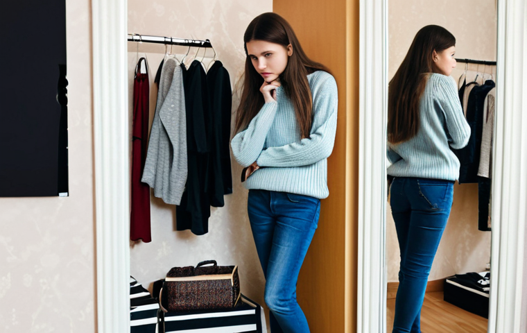 **
A woman standing in front of a mirror, surrounded by shopping bags and clothes, looking thoughtful. She's wearing comfortable, casual clothes, like jeans and a sweater. The room is a typical Russian apartment, clean and tidy but a little cluttered with purchases. Caption: "Recognizing the enemy in the mirror: Realizing my shopping addiction." Safe for work, appropriate content, fully clothed, modest, professional quality, perfect anatomy, natural proportions.
**