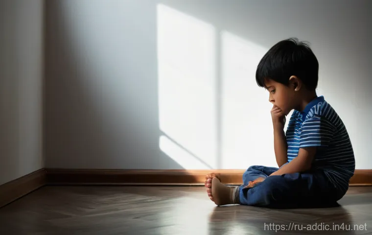 알콜 중독 자녀에 미치는 영향 - **Prompt 1: Invisible Scars of Childhood**
A lone, fully clothed child, approximately 8 years ol...