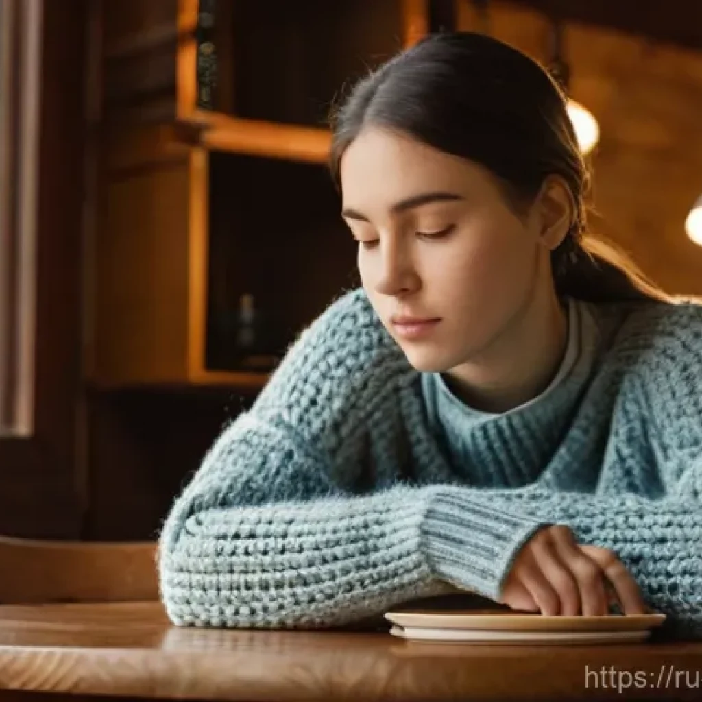 식이장애와 인지치료 - **Prompt:** A thoughtful young woman, aged 25-35, sits at a simple, warm-toned wooden table, perhaps...