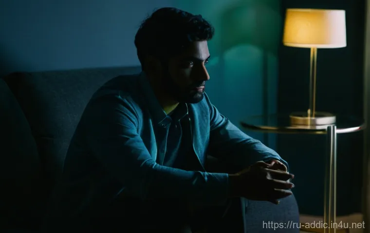 도박 중독과 사회적 재활 - **Prompt:** A medium shot of an adult individual, male or female, sitting alone in a dimly lit, tidy...