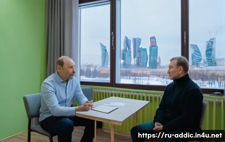 알콜 중독 회복 훈련 - A serene therapy room inside a modern Russian rehabilitation center, featuring a calm psychologist e...