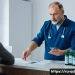 Home 22 알콜중독 약물치료 - A compassionate medical professional in a modern Russian clinic, attentively consulting with a middl...
