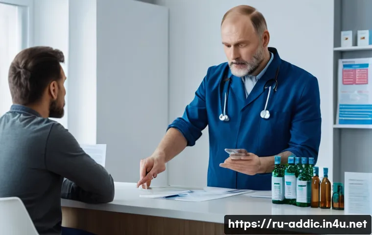 알콜중독 약물치료 - A compassionate medical professional in a modern Russian clinic, attentively consulting with a middl...