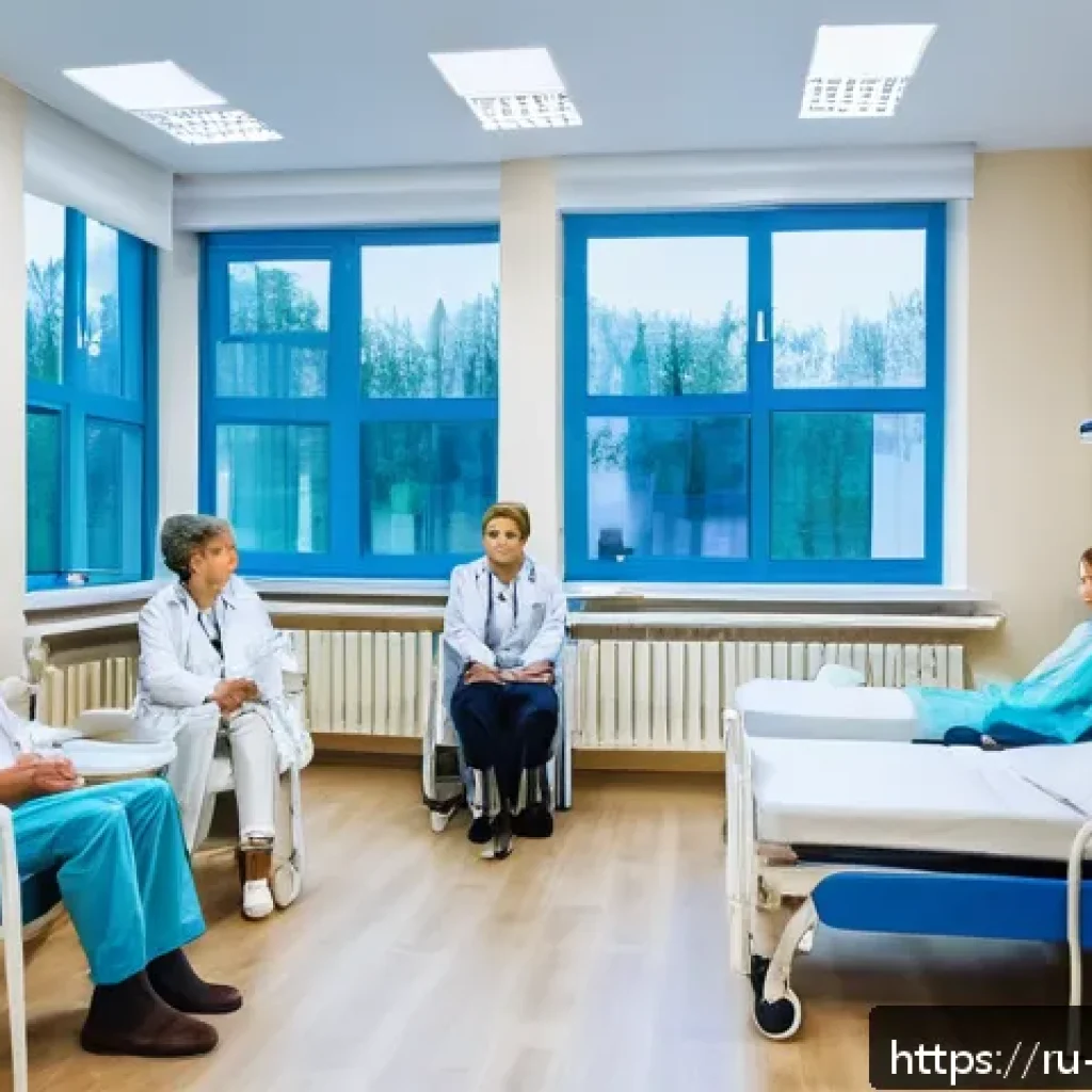 알콜중독 치료 비용 - A modern inpatient rehabilitation clinic interior in Russia, showing a diverse group of adult patien...
