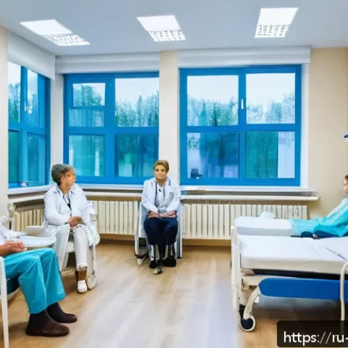 Home 32 알콜중독 치료 비용 - A modern inpatient rehabilitation clinic interior in Russia, showing a diverse group of adult patien...