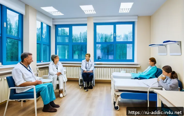 알콜중독 치료 비용 - A modern inpatient rehabilitation clinic interior in Russia, showing a diverse group of adult patien...