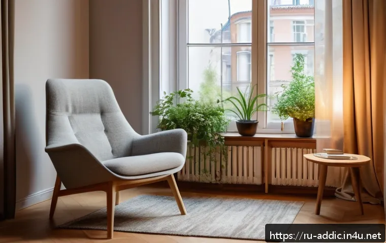 인터넷 중독 회복 방법 - A cozy, modern living room corner designed as a gadget-free zone for relaxation and mindfulness, fea...