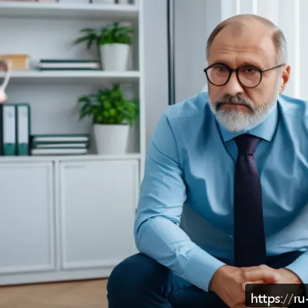 니코틴 금연 치료법 - A calm and supportive therapy session scene with a middle-aged Russian man sitting comfortably in a ...