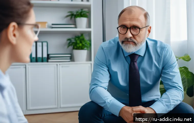 니코틴 금연 치료법 - A calm and supportive therapy session scene with a middle-aged Russian man sitting comfortably in a ...
