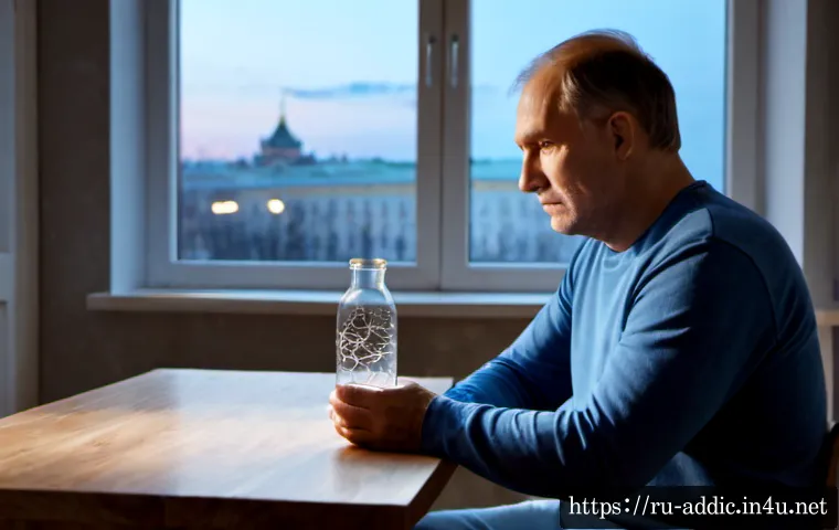 알콜중독의 뇌 과학 - Photorealistic neuroscience concept scene, a middle-aged Russian man sitting quietly in a modest Mos...